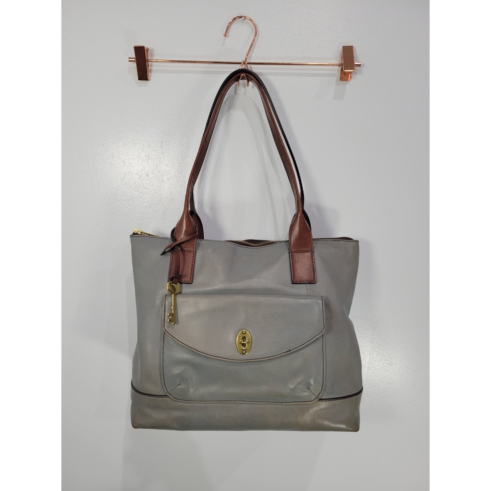 Fossil Vintage Classic Shopper‎ Grey Leather Tote Bag with Keylock Pocket